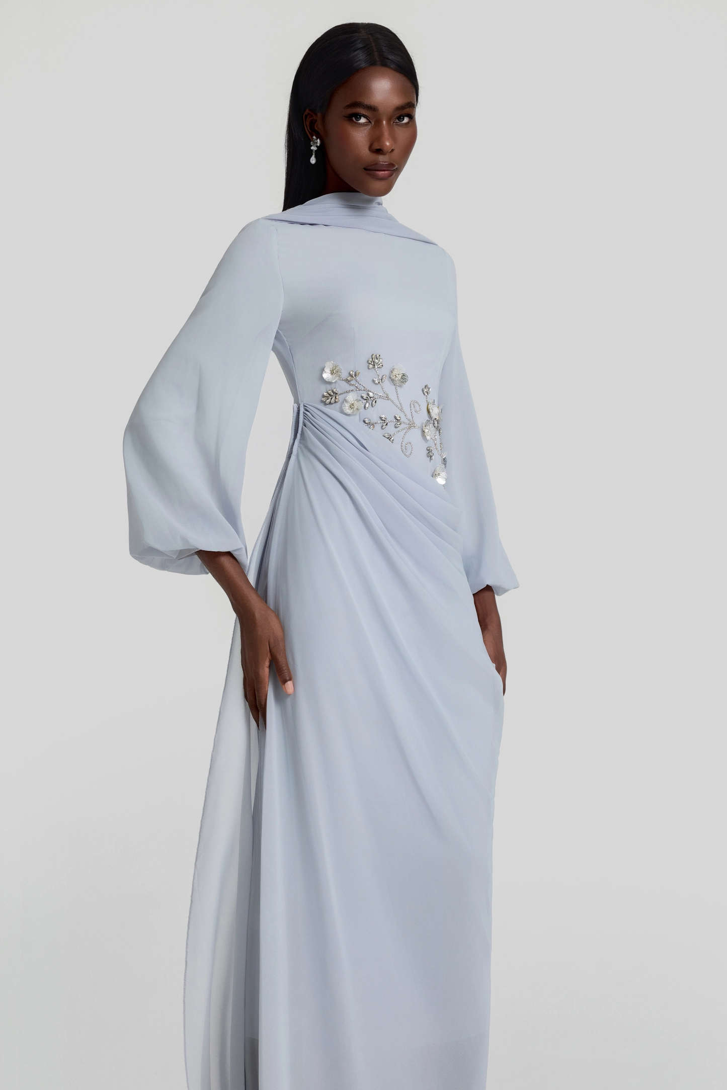 Draped Light Blue Cape Evening Dress