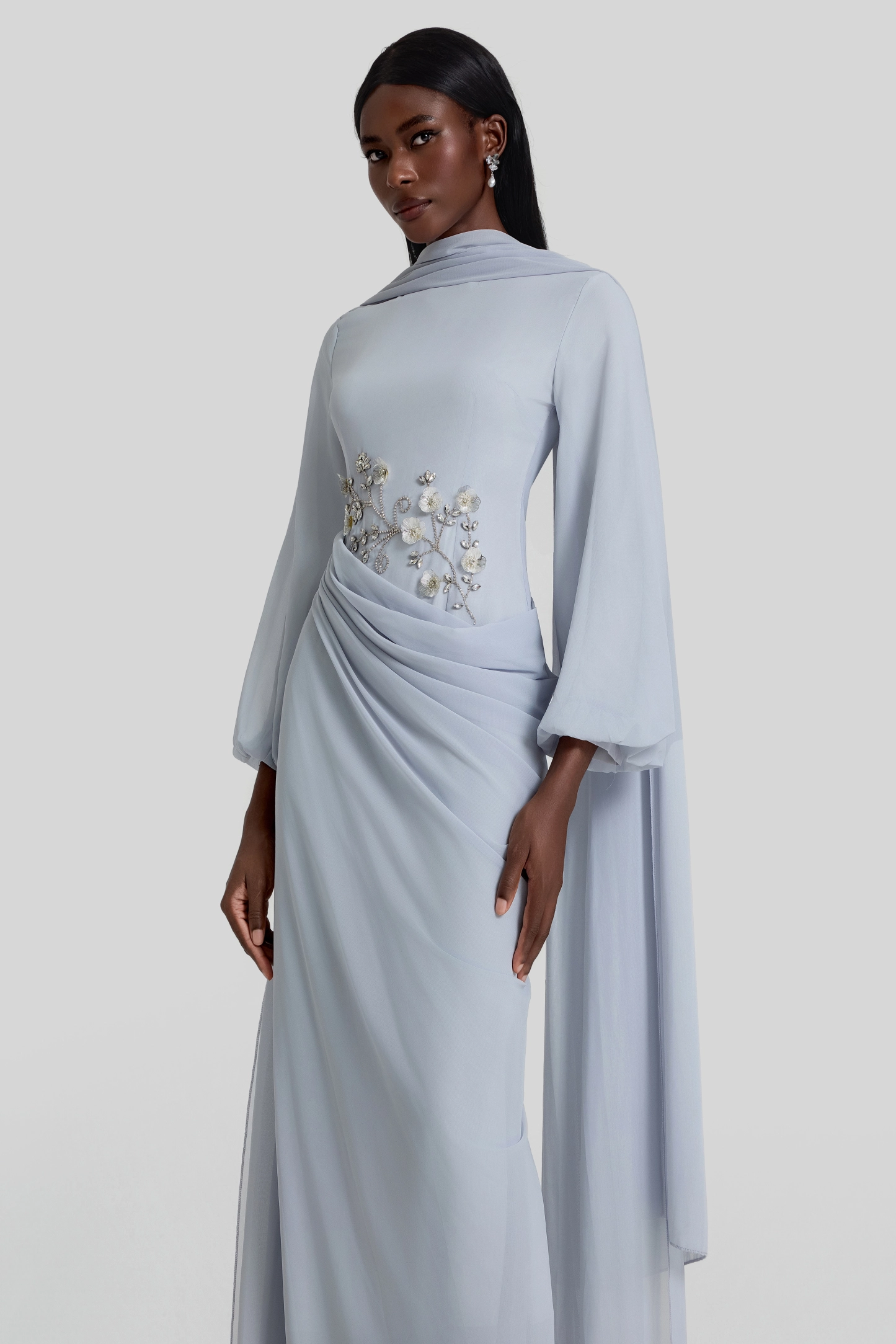 Draped Light Blue Cape Evening Dress