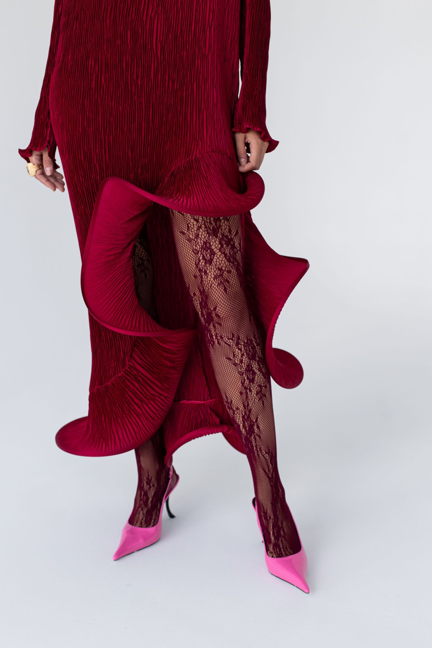 Flared Skirt with Ruffled Hem Long-sleeve Dress