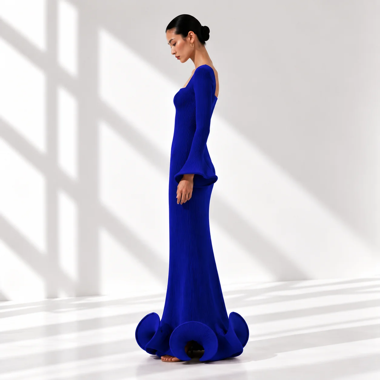 Flared Skirt with Ruffled Hem Long-sleeve Dress