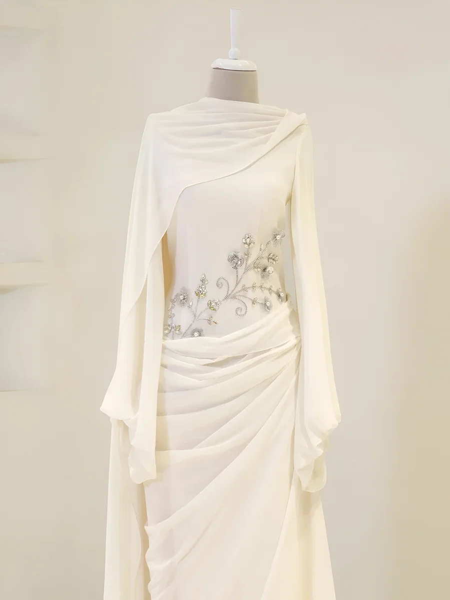 Ivory Floral Beaded Cape Sleeve Gown
