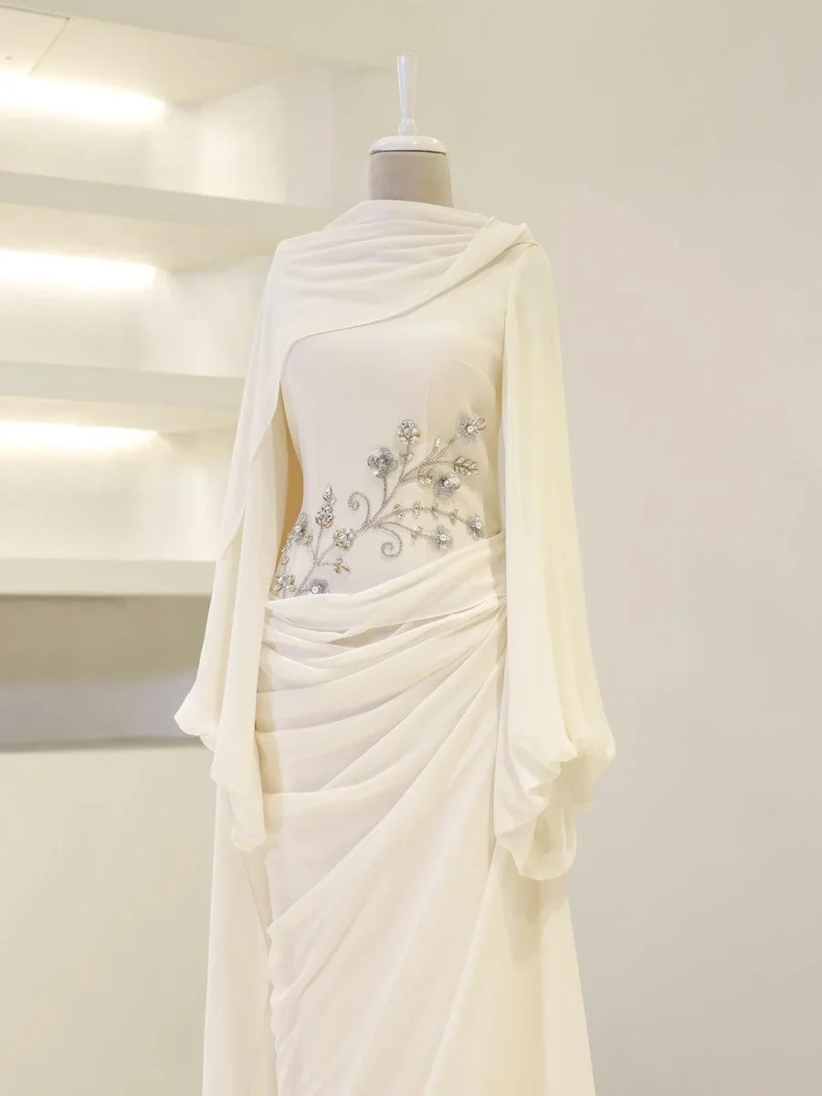 Ivory Floral Beaded Cape Sleeve Gown