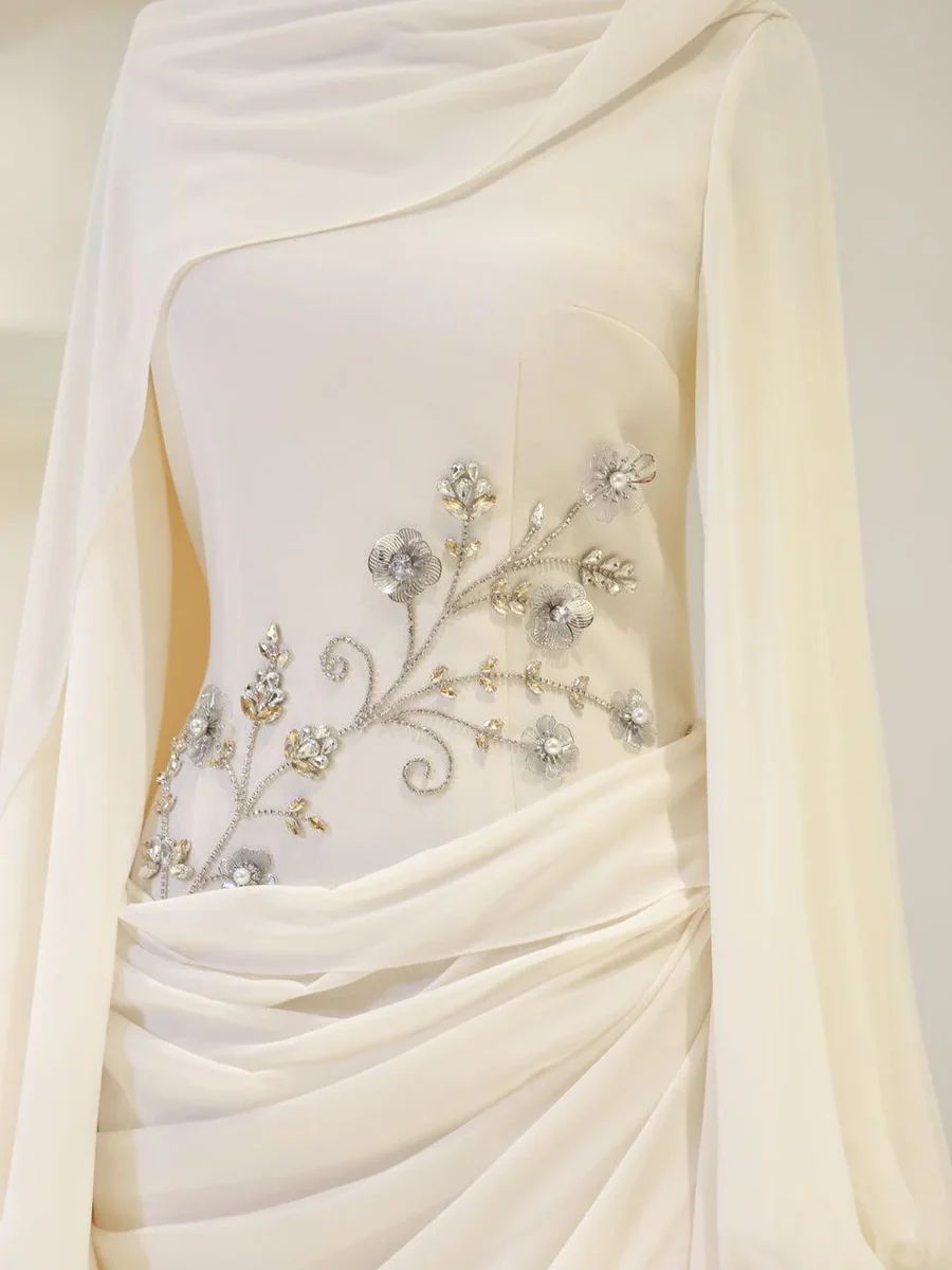 Ivory Floral Beaded Cape Sleeve Gown