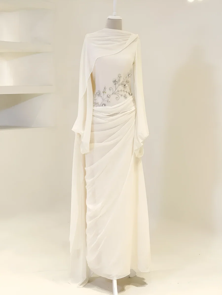 Ivory Floral Beaded Cape Sleeve Gown