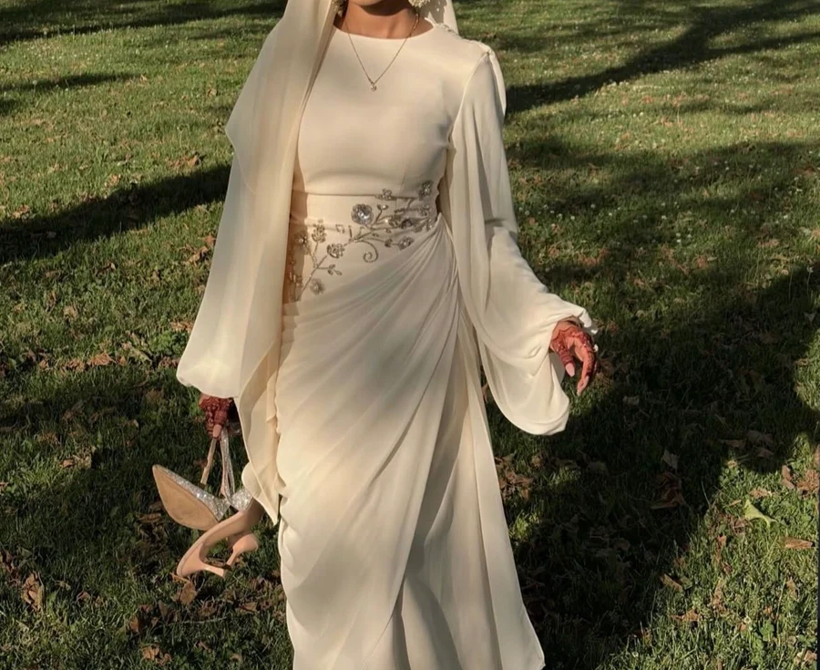 Ivory Floral Beaded Cape Sleeve Gown