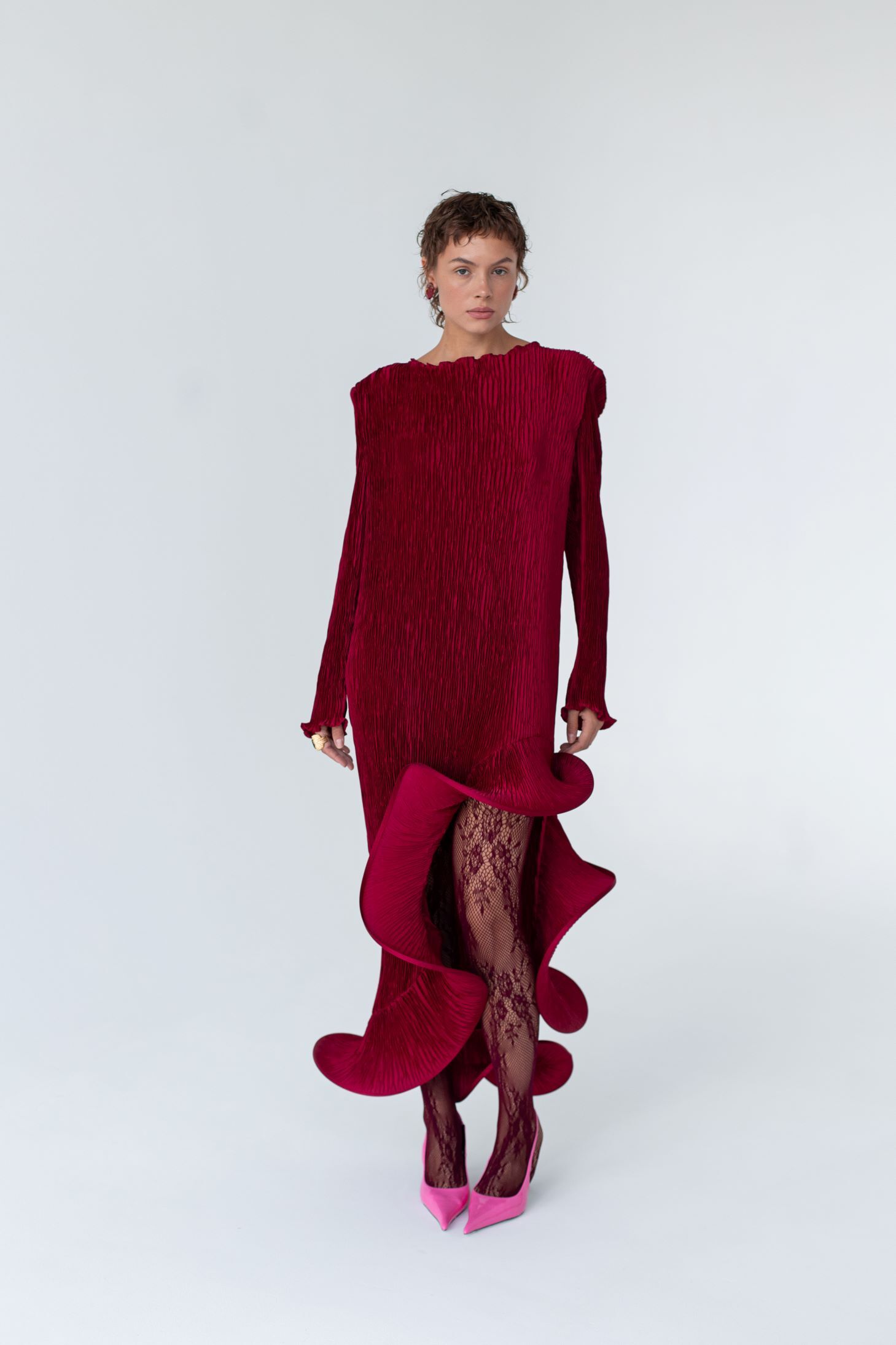 Flared Skirt with Ruffled Hem Long-sleeve Dress