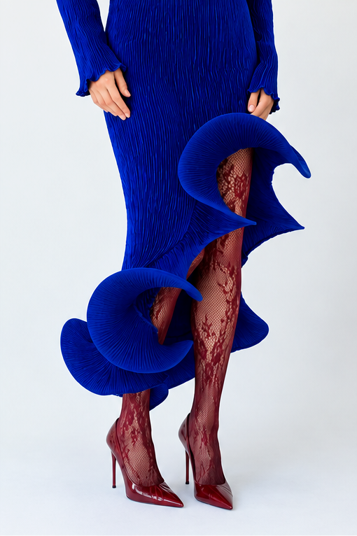 Flared Skirt with Ruffled Hem Long-sleeve Dress