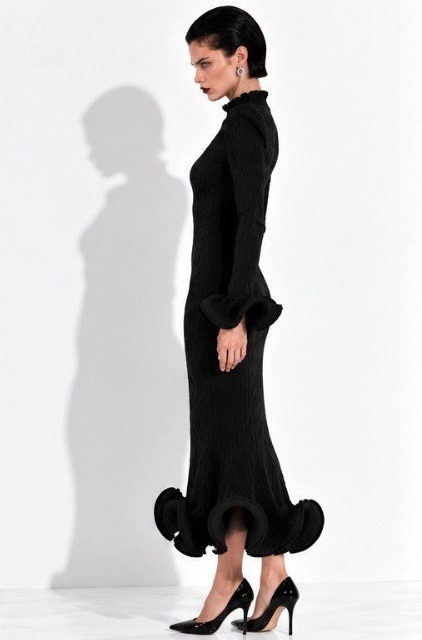 Flared Skirt with Ruffled Hem Long-sleeve Dress