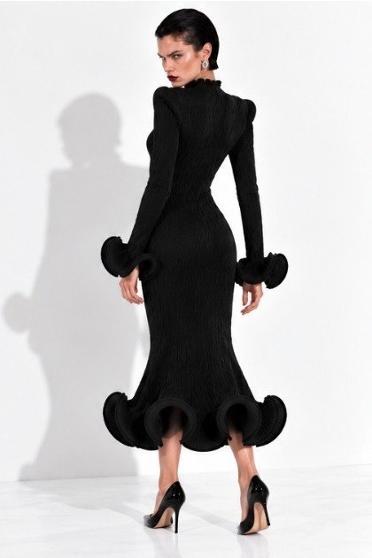Flared Skirt with Ruffled Hem Long-sleeve Dress