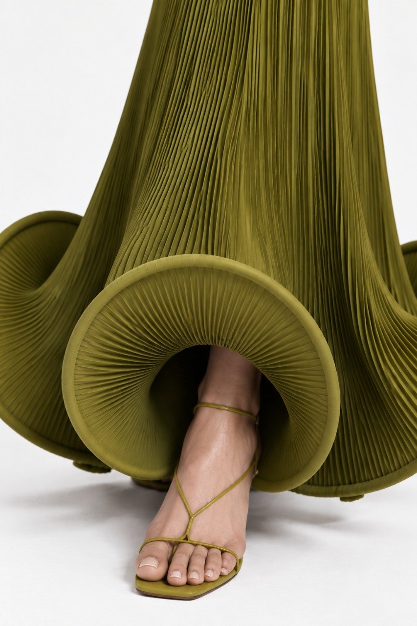 Flared Skirt with Ruffled Hem Long-sleeve Dress