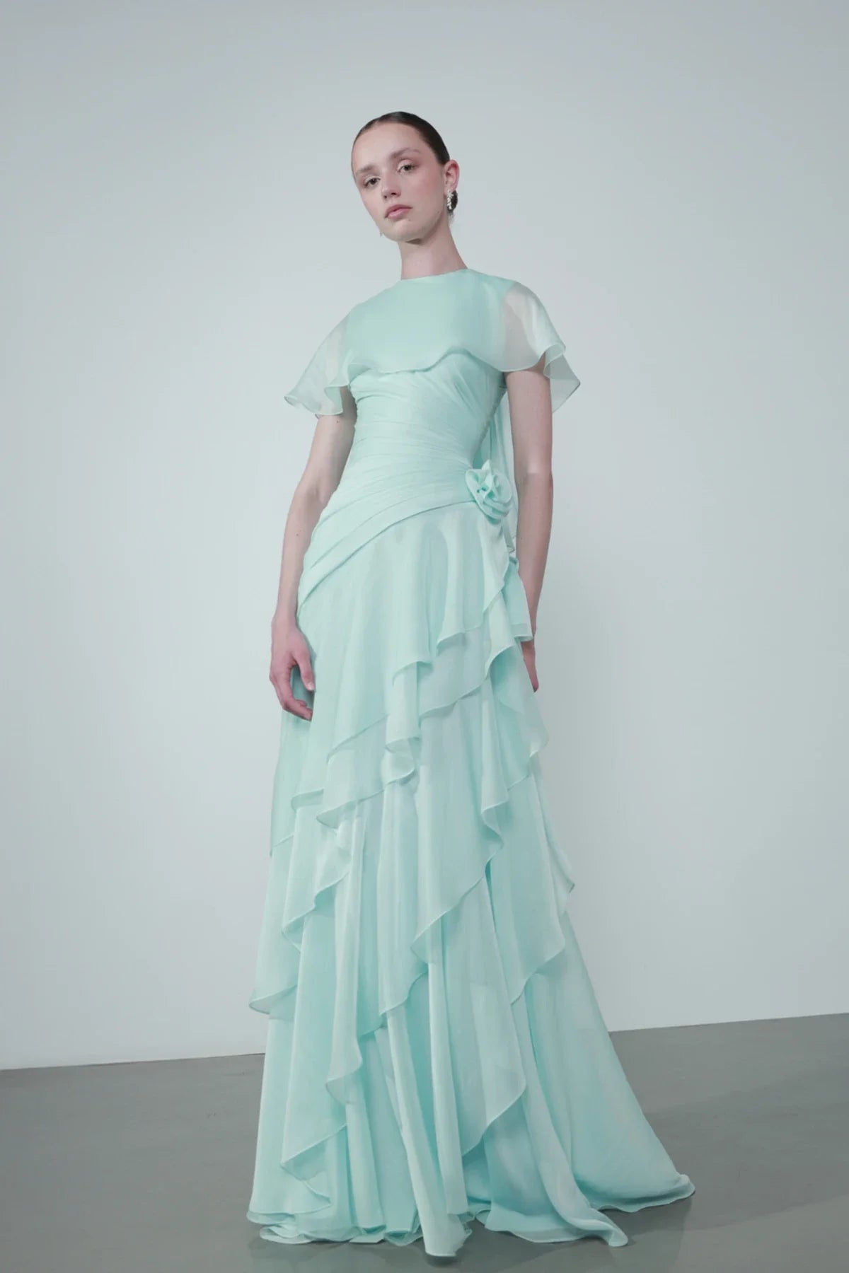 Cap-Shoulder Crew-Neck Floral-Appliqué Waist Tiered Maxi Dress 1