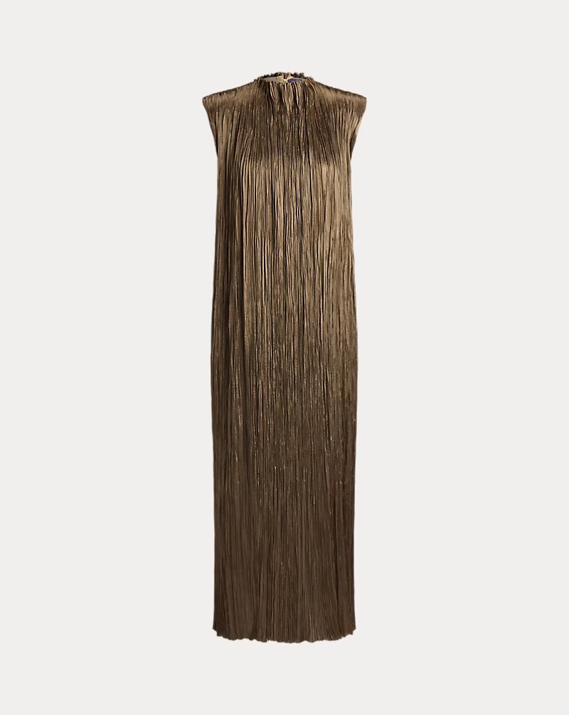 Sleeveless Metallic Pleated Midi Dress With Belt