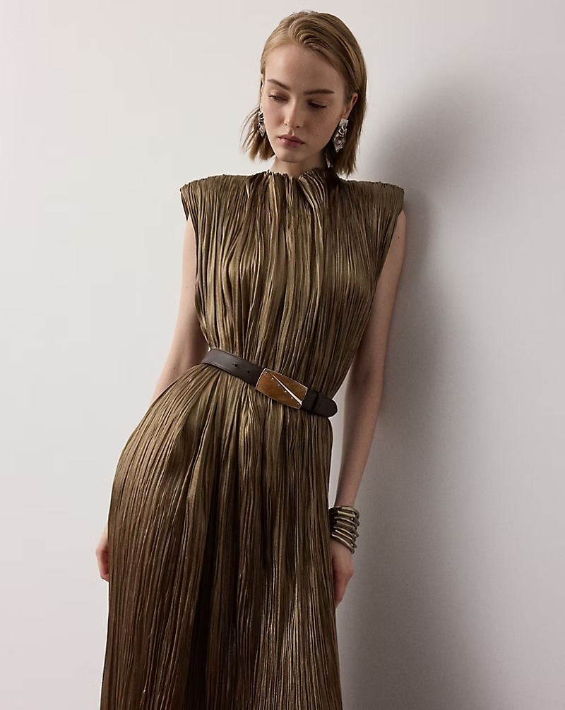 Sleeveless Metallic Pleated Midi Dress With Belt