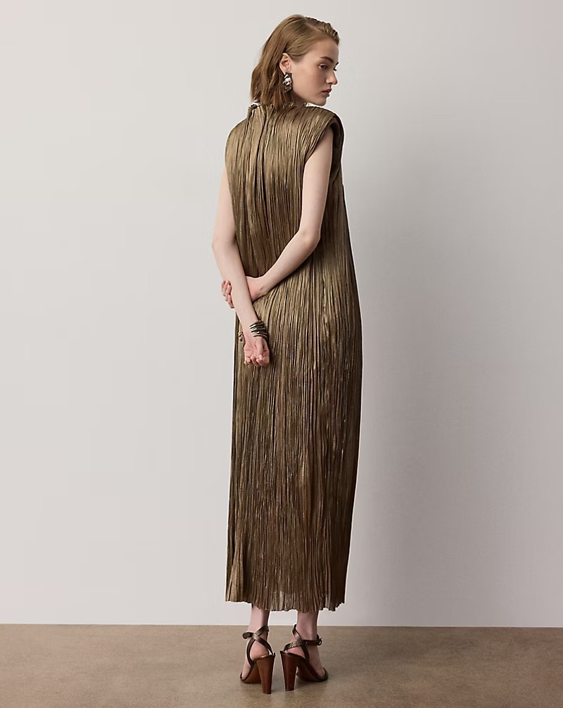 Sleeveless Metallic Pleated Midi Dress With Belt