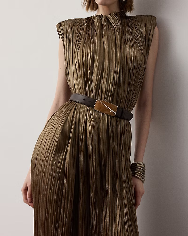 Sleeveless Metallic Pleated Midi Dress With Belt