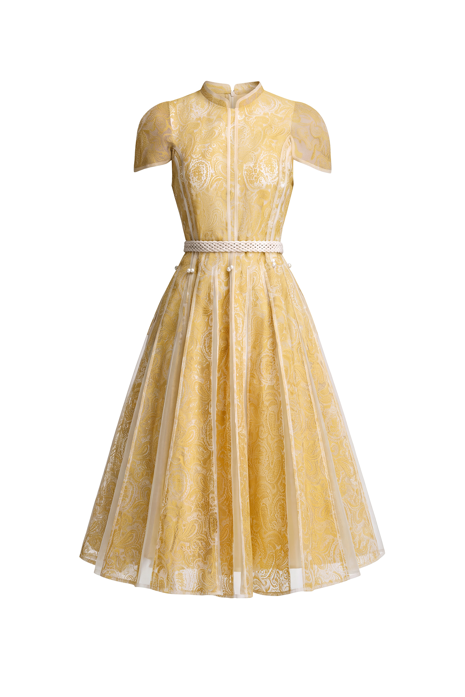 Rosita Elegant Cinched Waist Stand Collar Short‑Sleeve Paisley Woven Maxi Dress