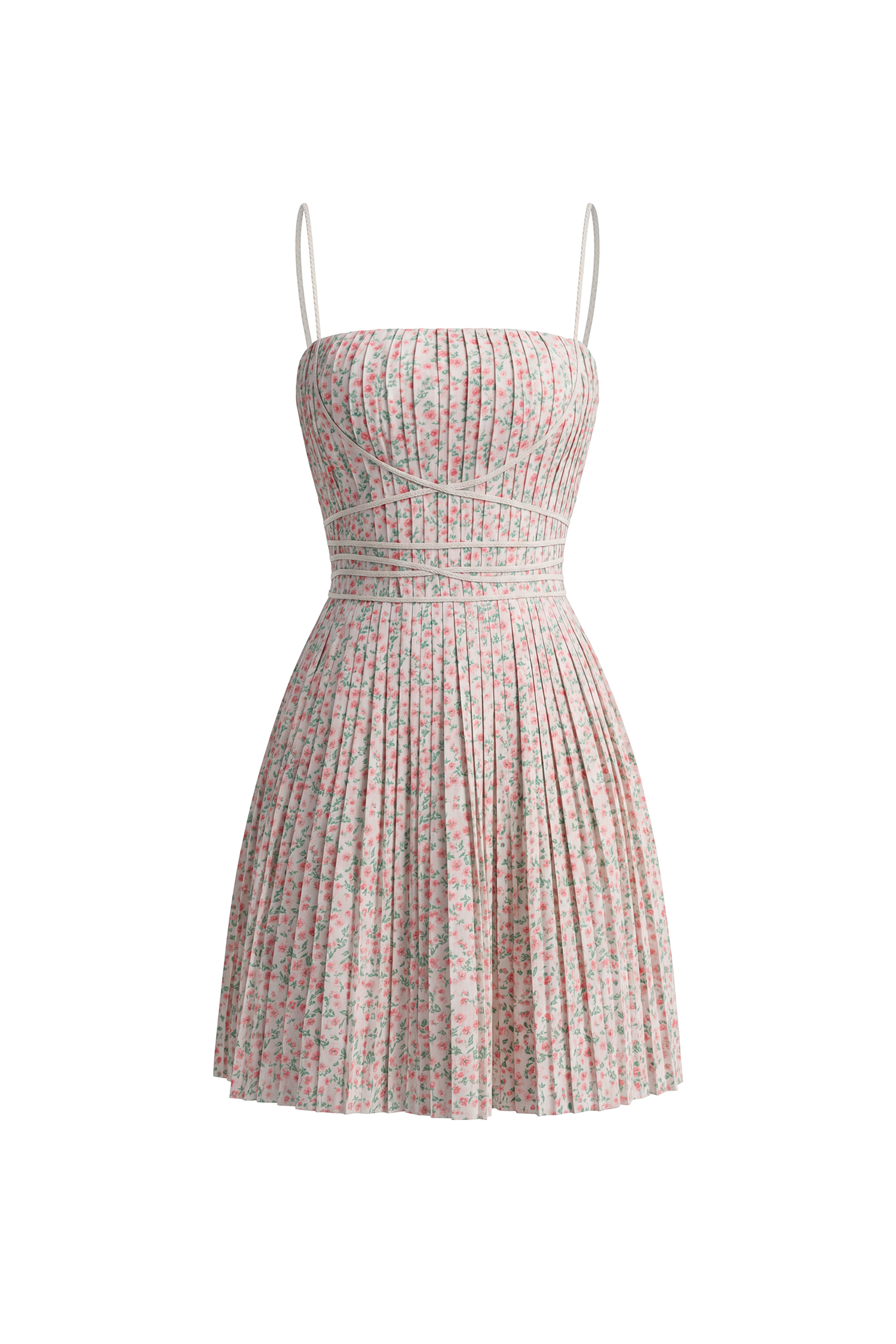 Modan Romantic Cinched Sleeveless Floral Print Pleated Woven Mini Dress