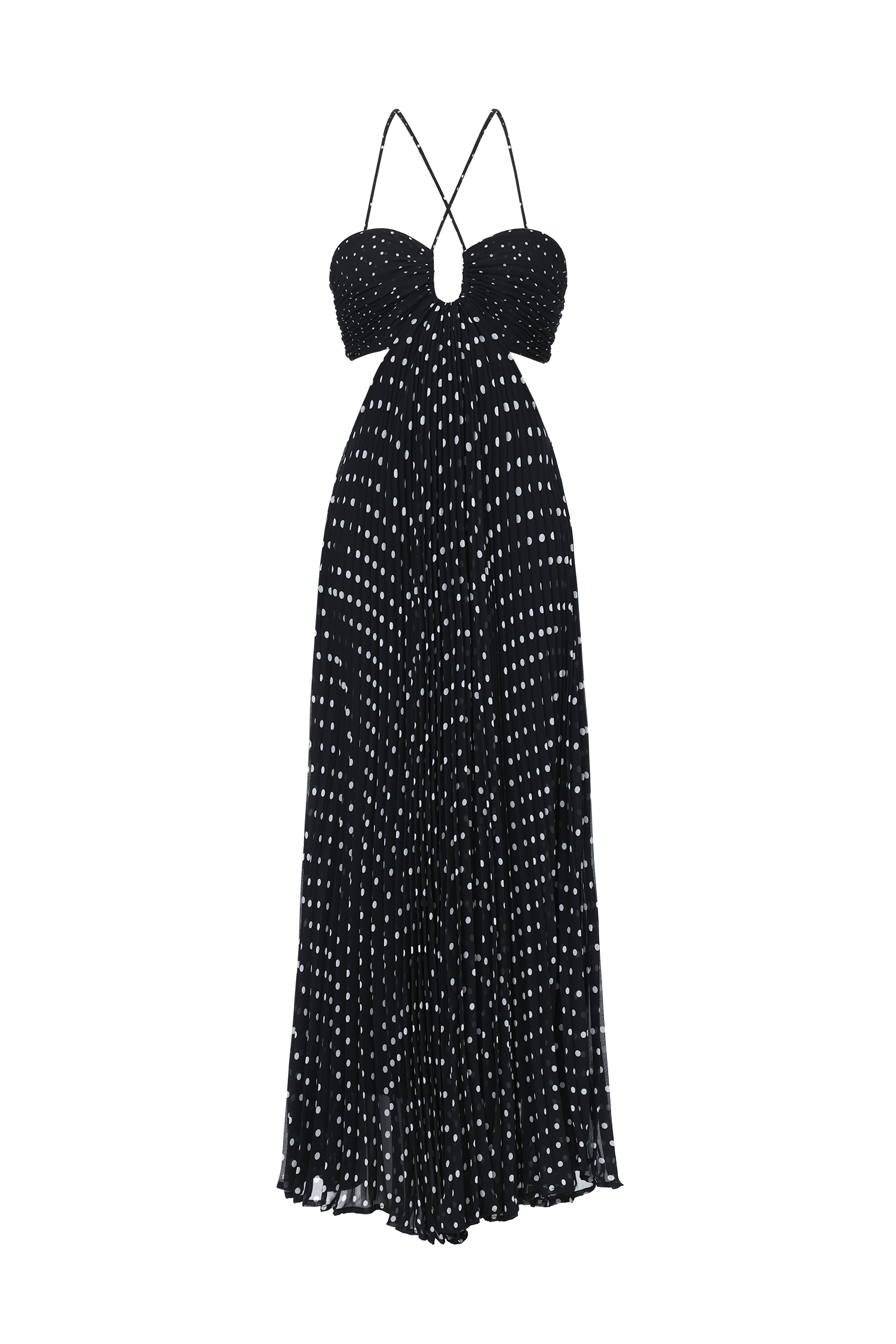 Loka Resort Flowy Sleeveless Cut Out Pleated Polka Dot Woven Maxi Dress