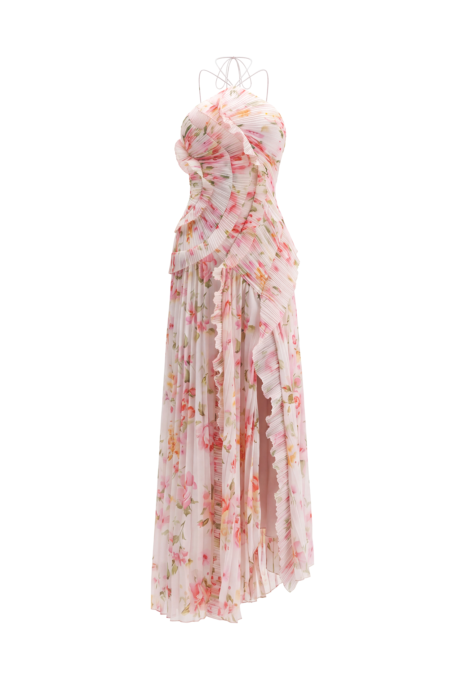 Elleri Resort Flowy Sleeveless Pleated Ruffle Floral Print Woven Maxi Dress