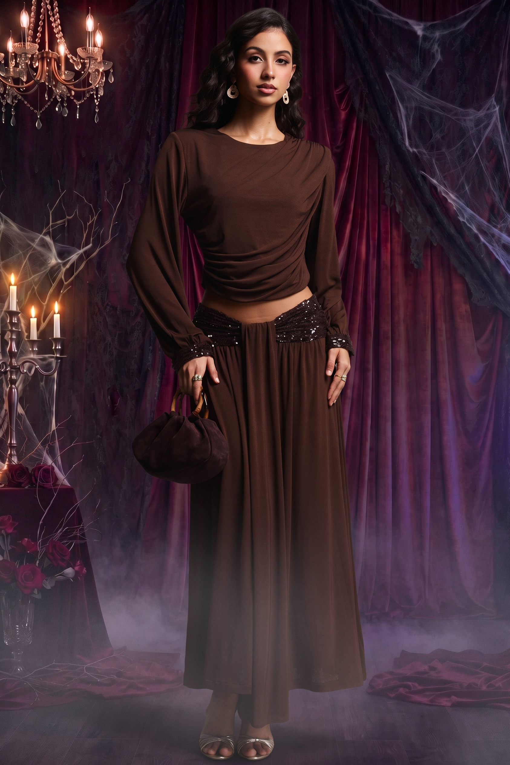 Renaa Vintage Flowy Round Neck Long Sleeve Sequin Knit Top and Skirt Two Piece Set