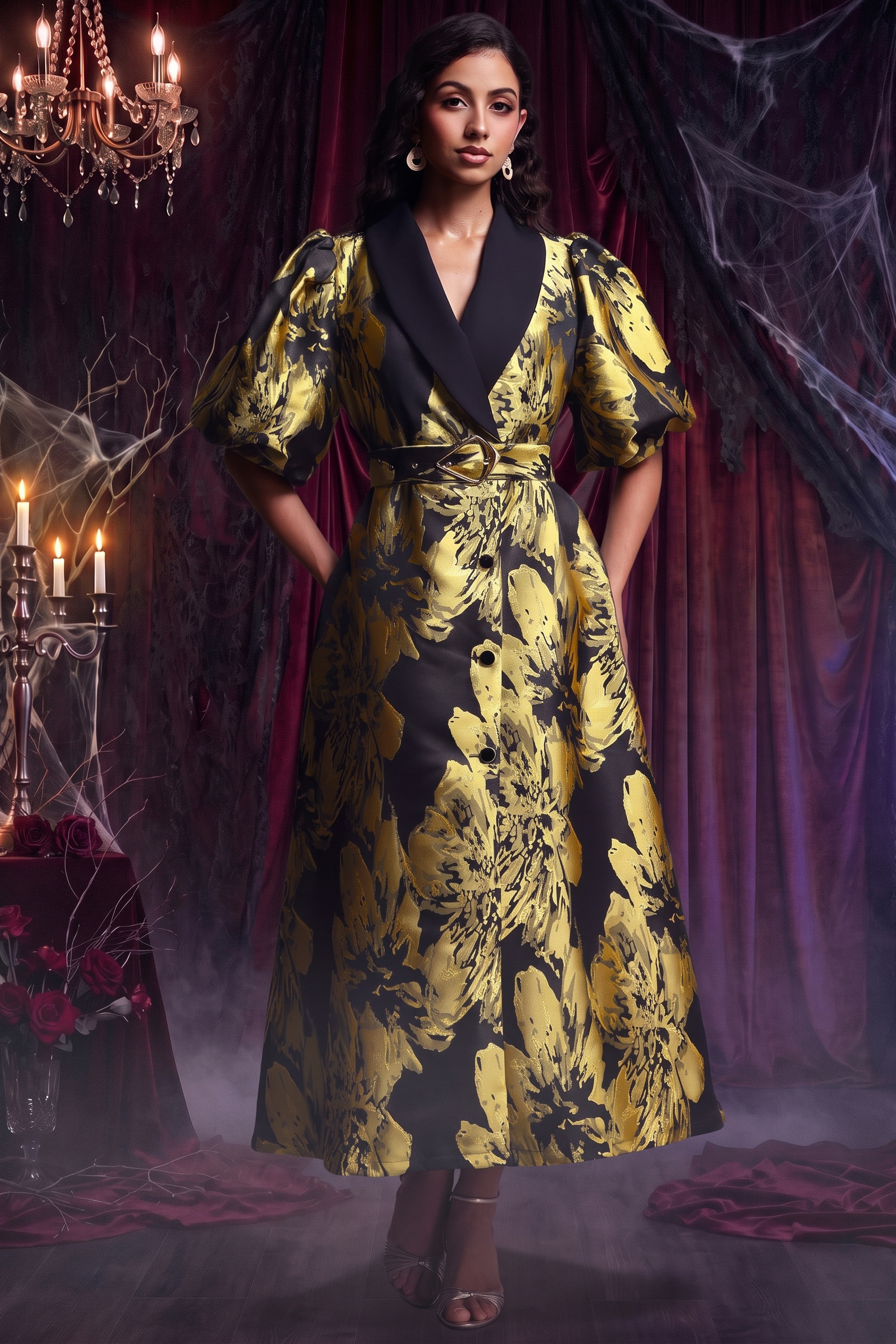 Polasa Vintage Tailored Puff Sleeve Jacquard Woven Maxi Dress