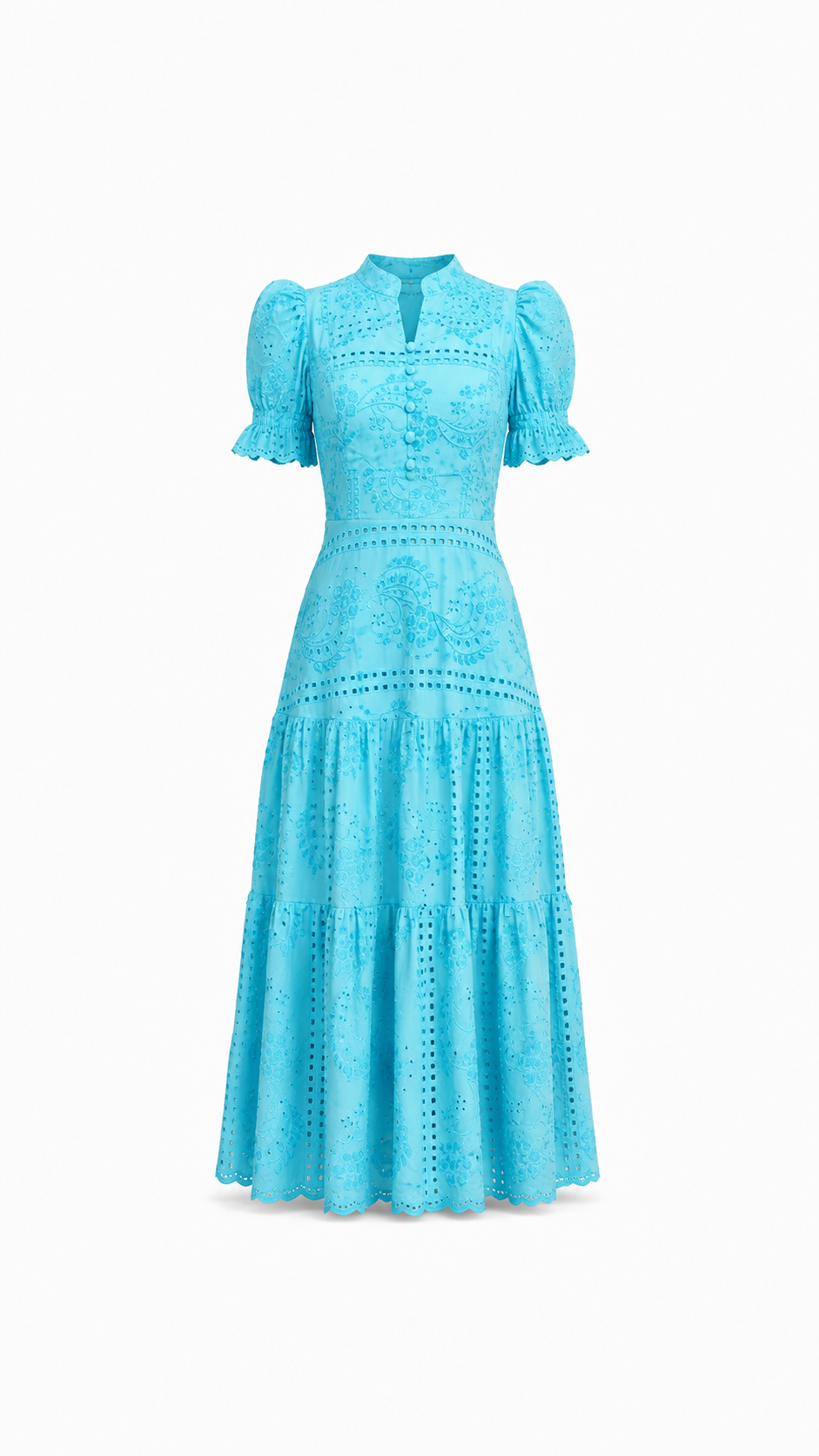 Vestido luxo laise 3D gola padre Azul Tiffany midi