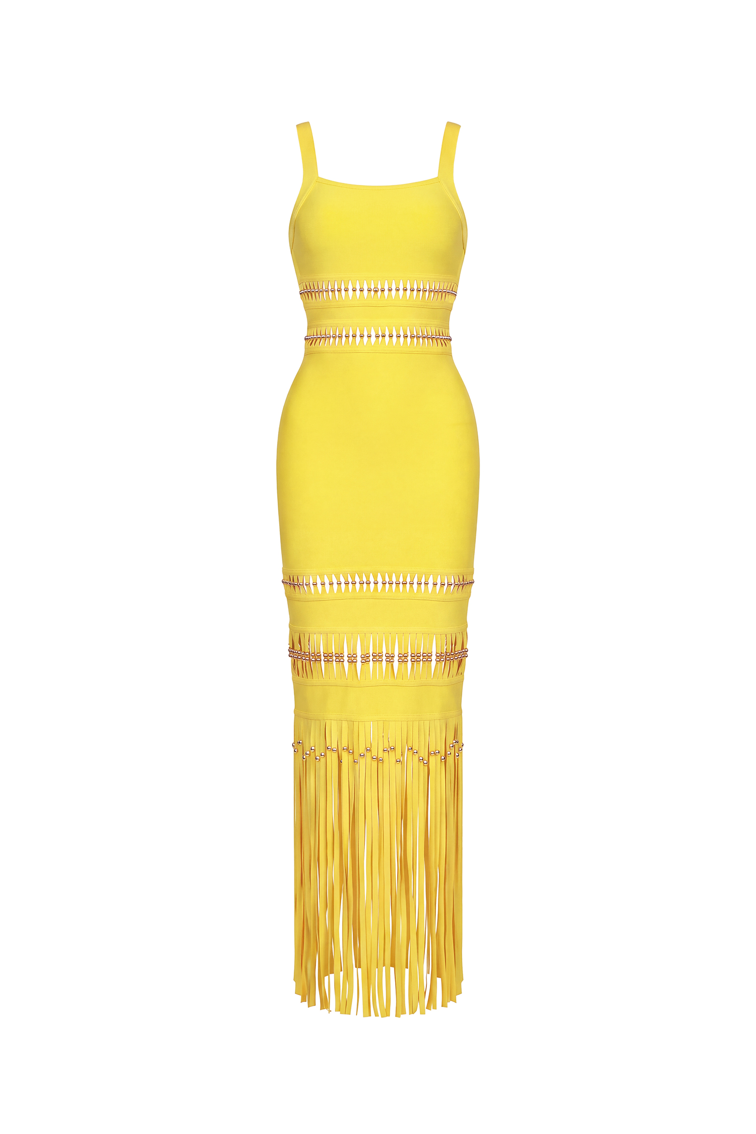 Shanley Chic Contour Sleeveless Beaded Fringe Bandage Maxi Dress