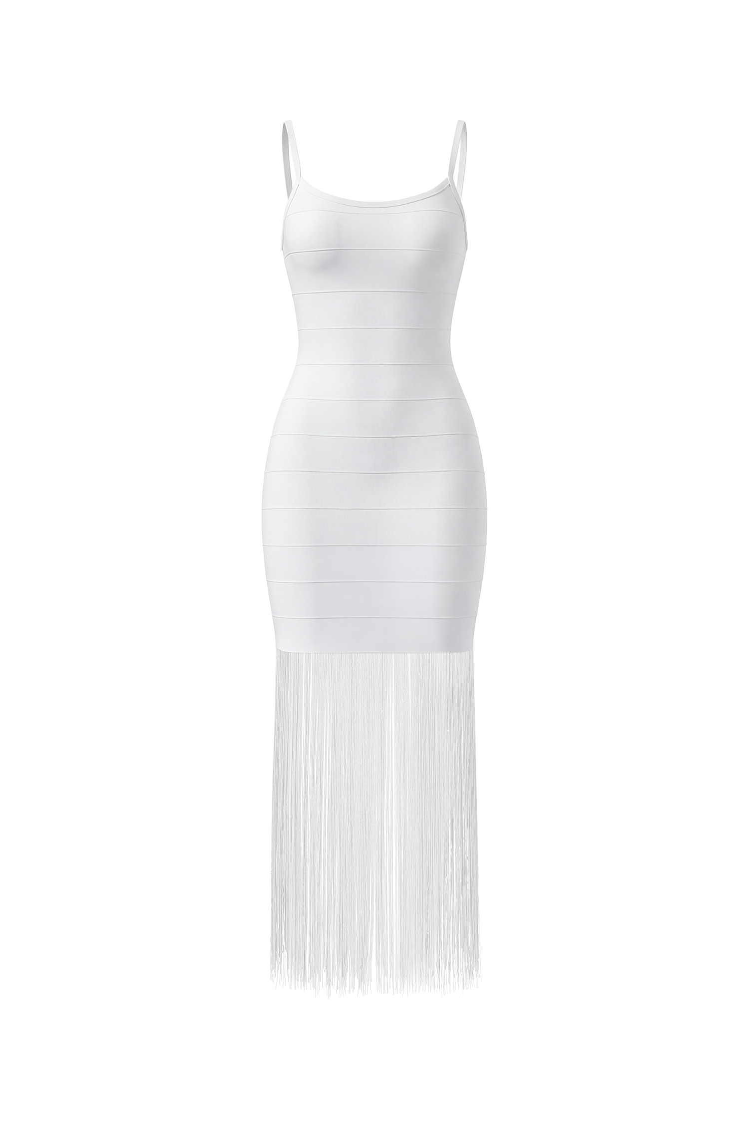Demere Chic Contour Fringe Bandage White Maxi Dress