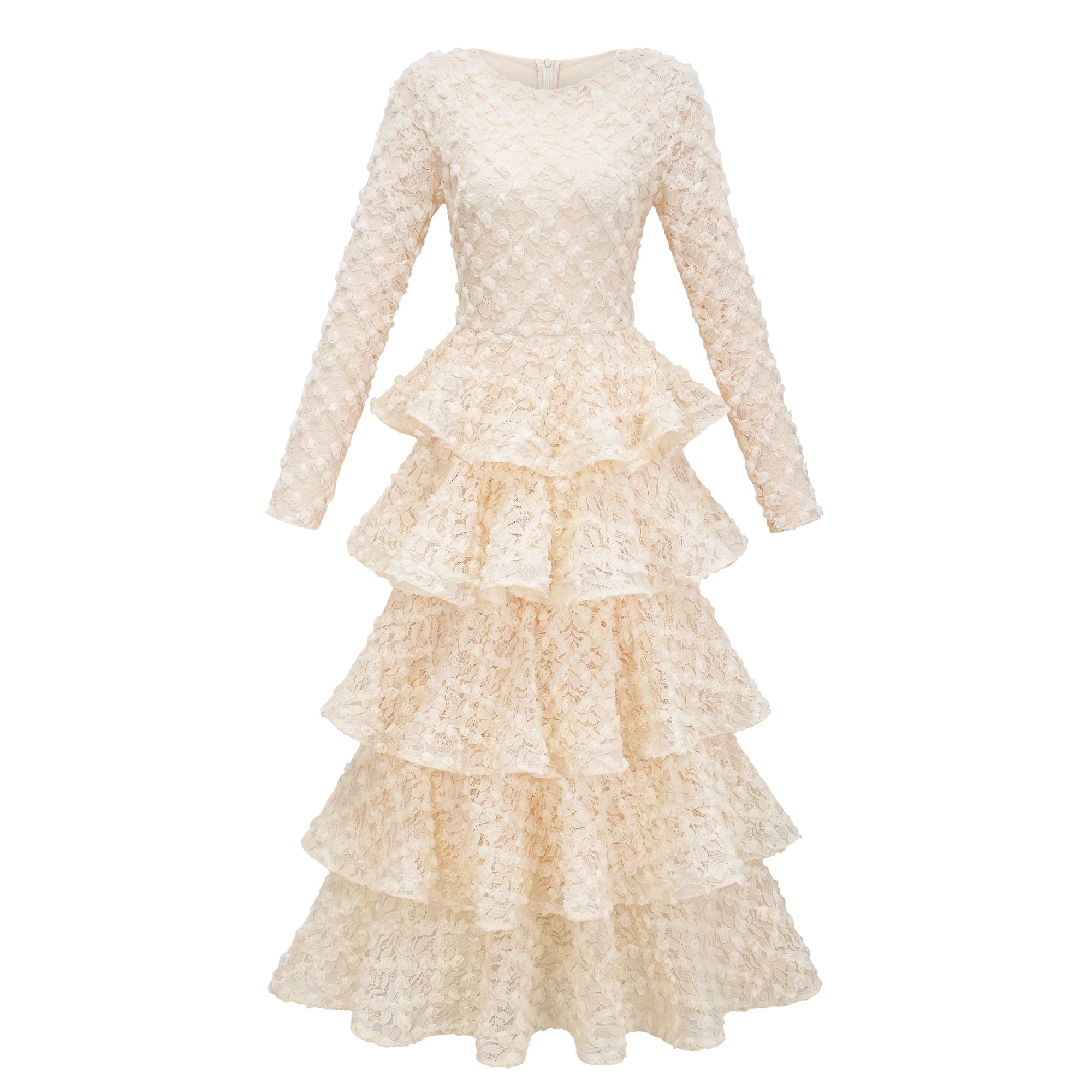 Halla Neutral Tiered Floral Lace Maxi Dress 2