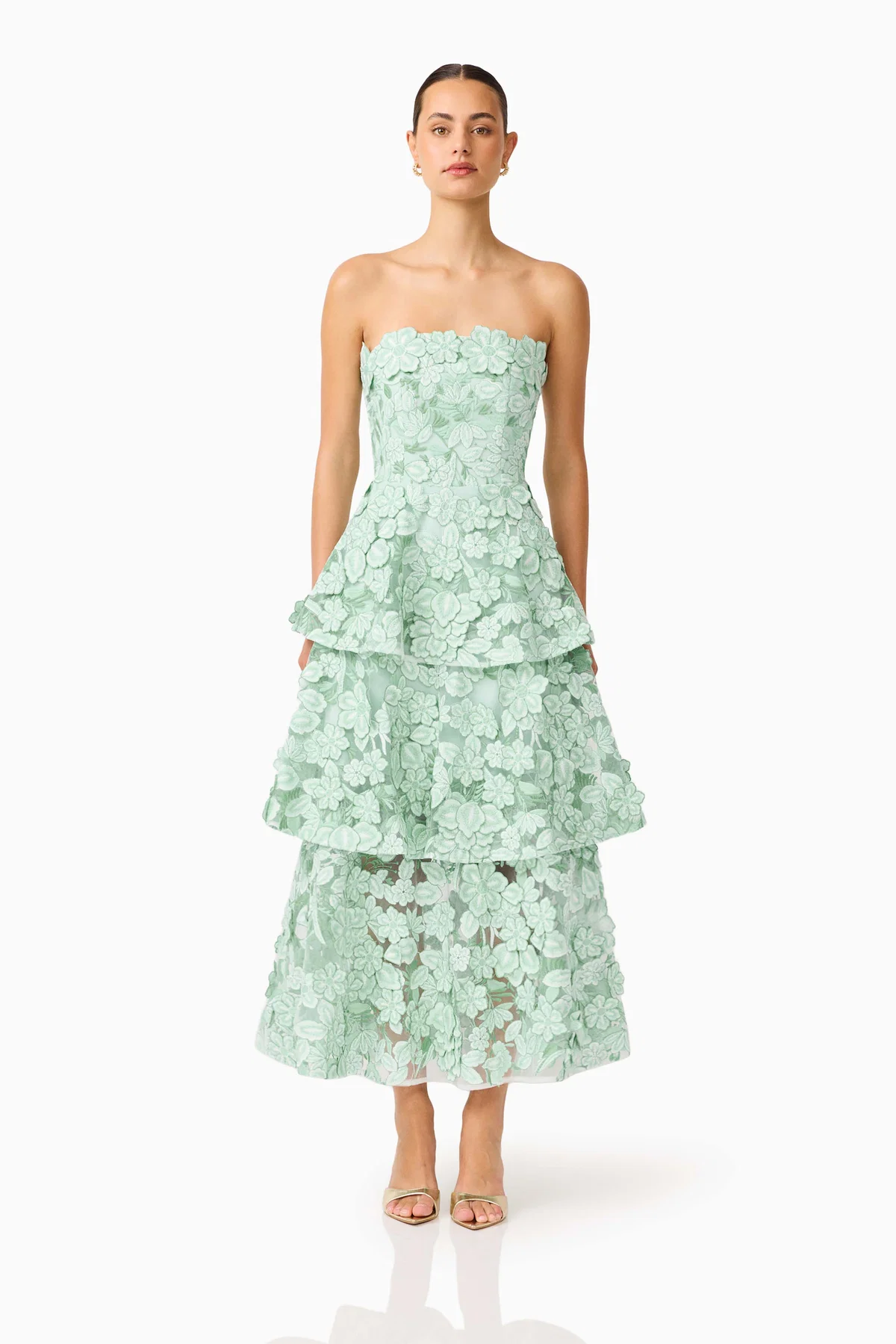 Kyla 3D Floral Embroidered Strapless Ruffled Hem Slim Fit Dress