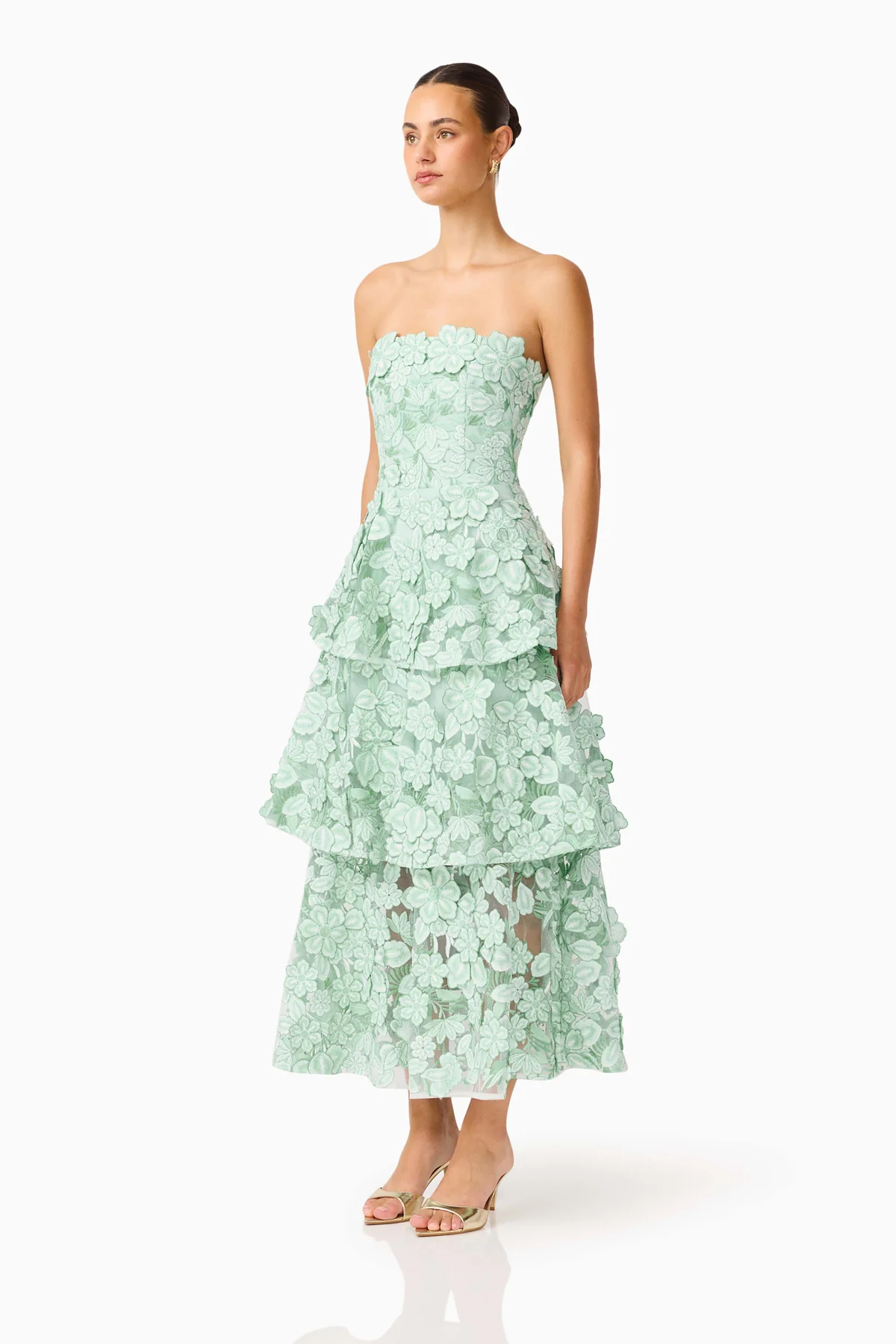 Kyla 3D Floral Embroidered Strapless Ruffled Hem Slim Fit Dress