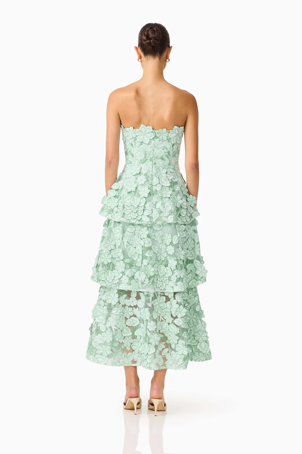 Kyla 3D Floral Embroidered Strapless Ruffled Hem Slim Fit Dress