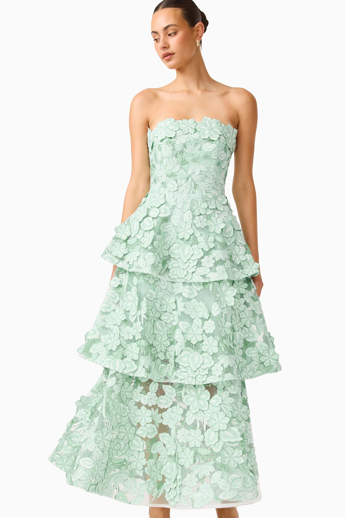 Kyla 3D Floral Embroidered Strapless Ruffled Hem Slim Fit Dress