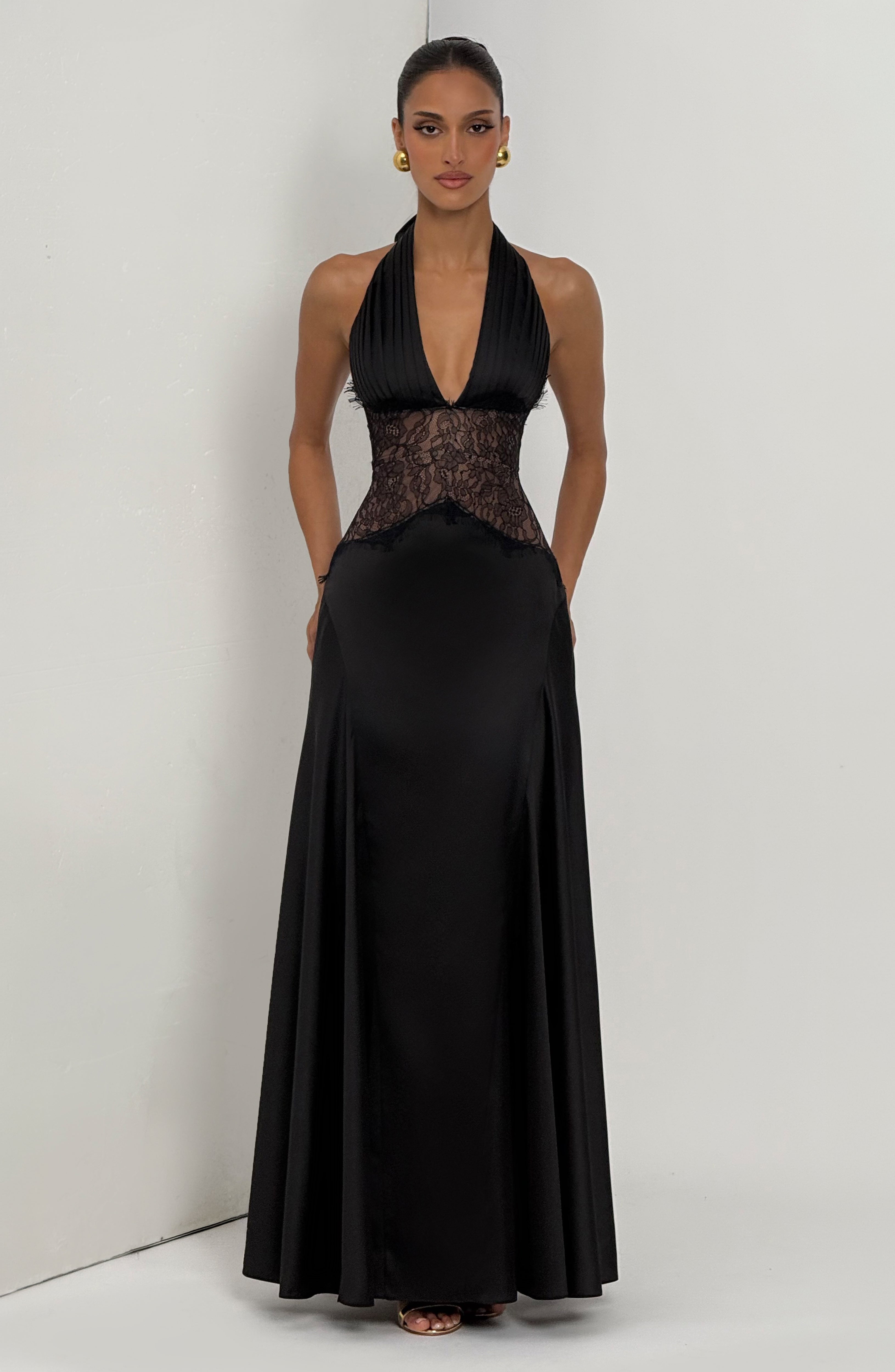 Jessie Vertical Pleated Waist Lace Sheer Panel Satin Evening Gown 6