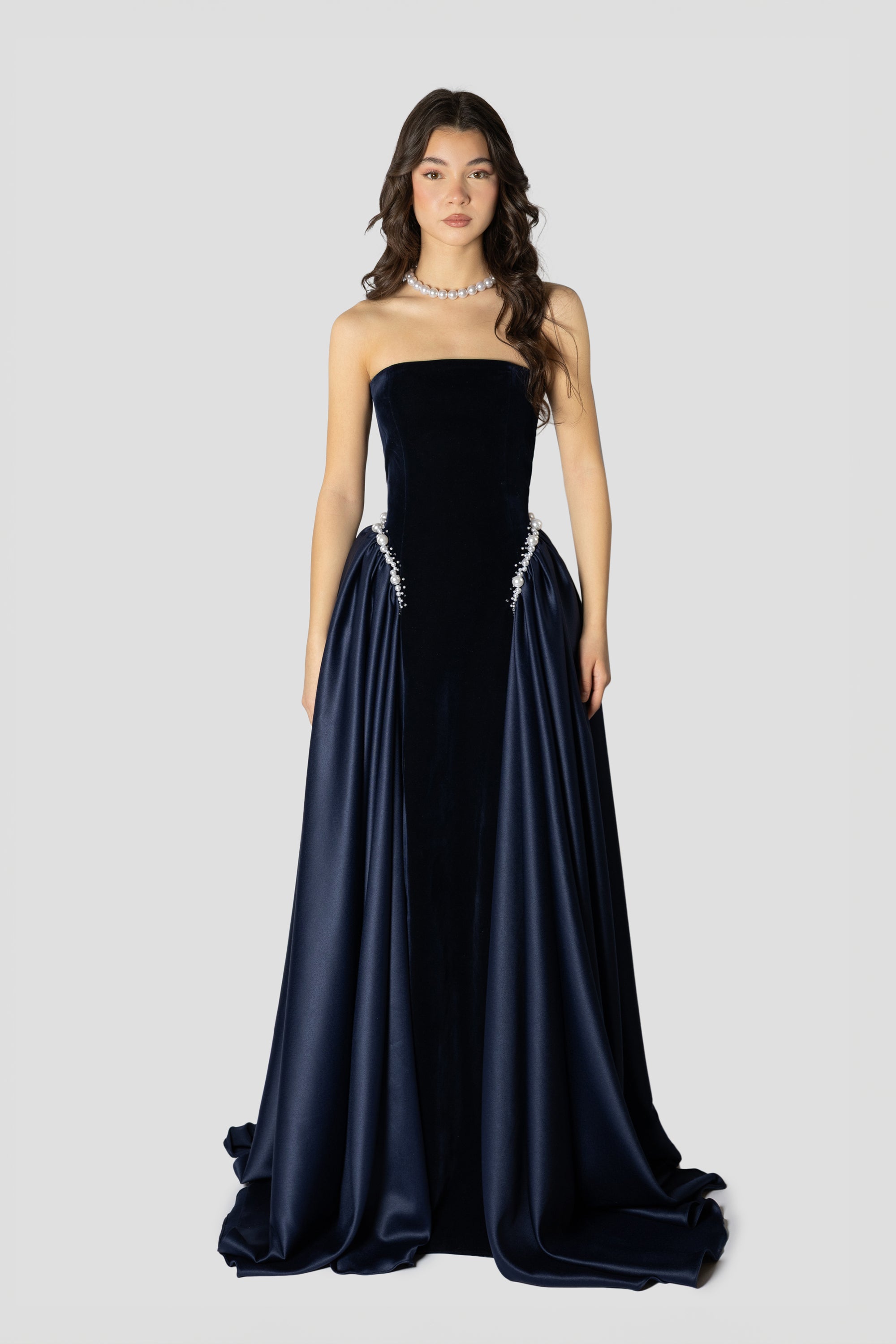 Dark Blue And Pearls Embroidered Dress 1