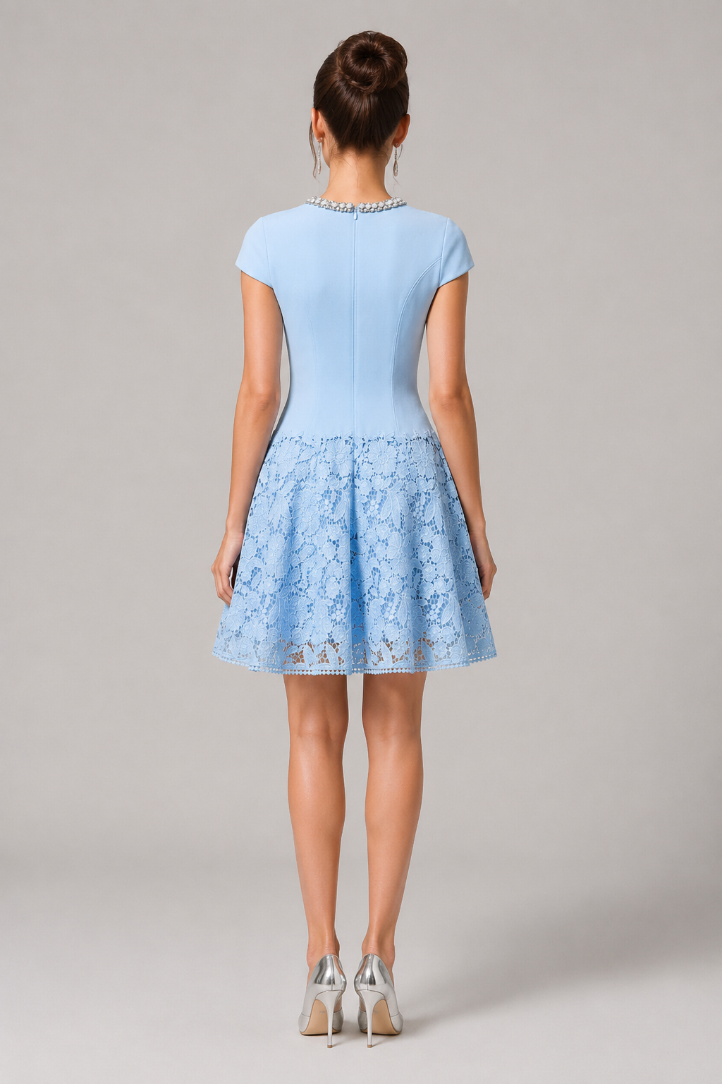 Sera Blue Lace Panel Handmade Embroidery Slim Fit Cinched Waist Mini Dress