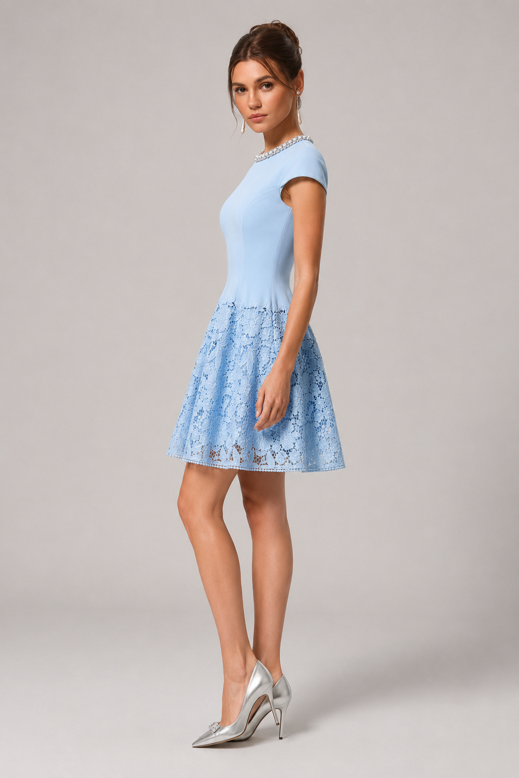Sera Blue Lace Panel Handmade Embroidery Slim Fit Cinched Waist Mini Dress