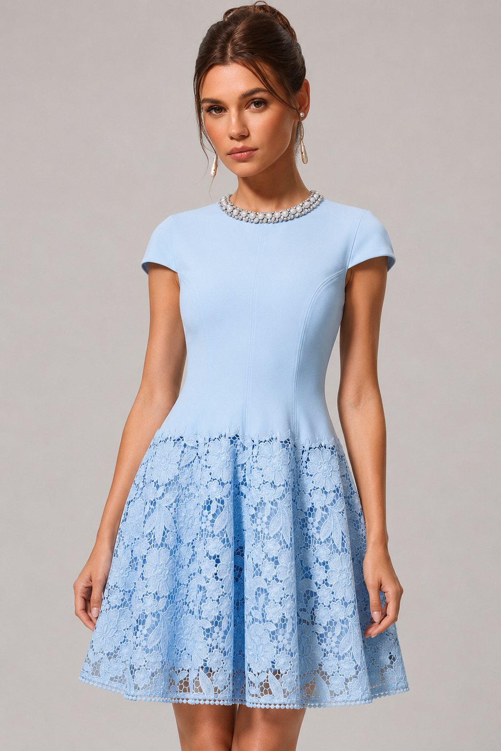 Sera Blue Lace Panel Handmade Embroidery Slim Fit Cinched Waist Mini Dress