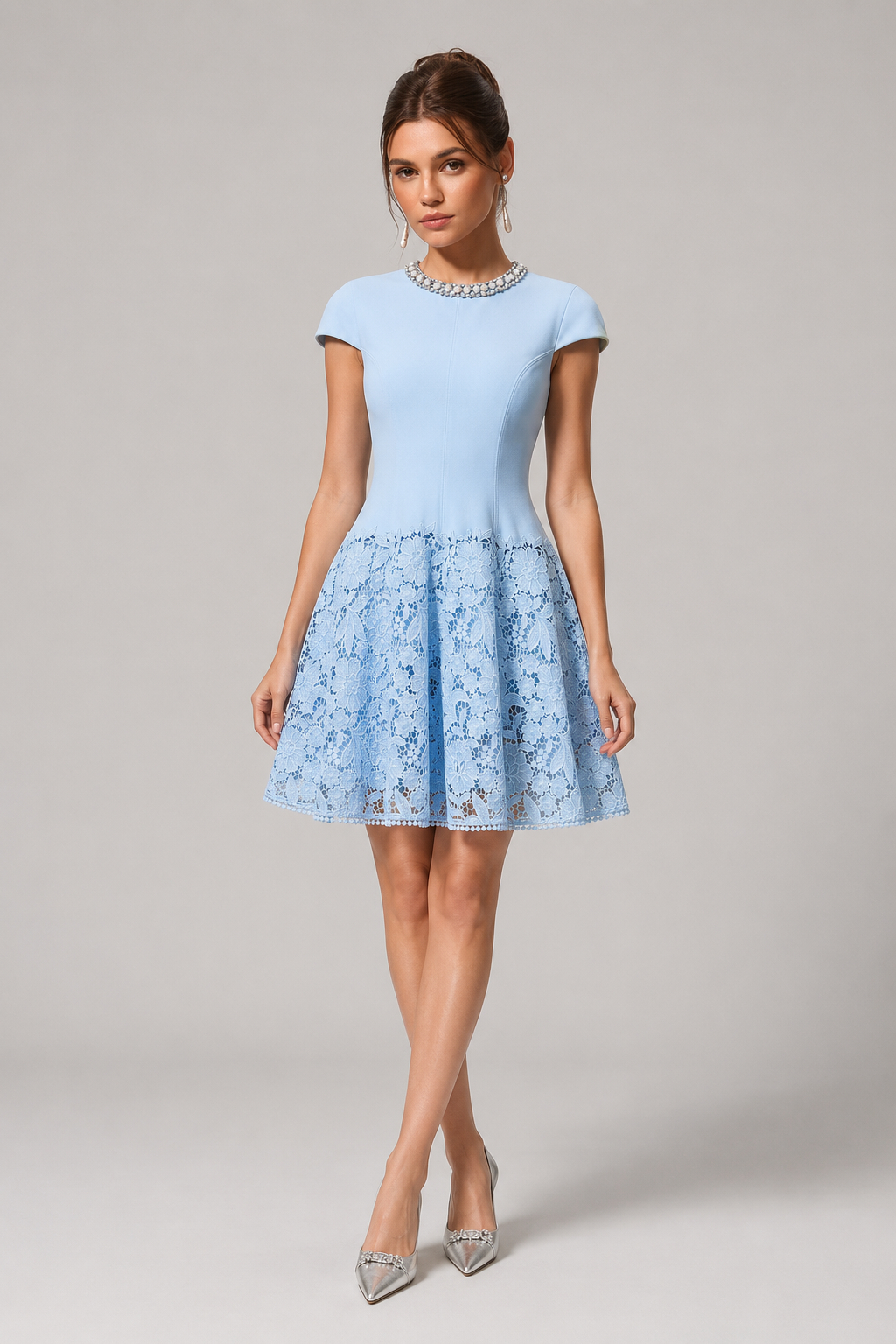 Sera Blue Lace Panel Handmade Embroidery Slim Fit Cinched Waist Mini Dress