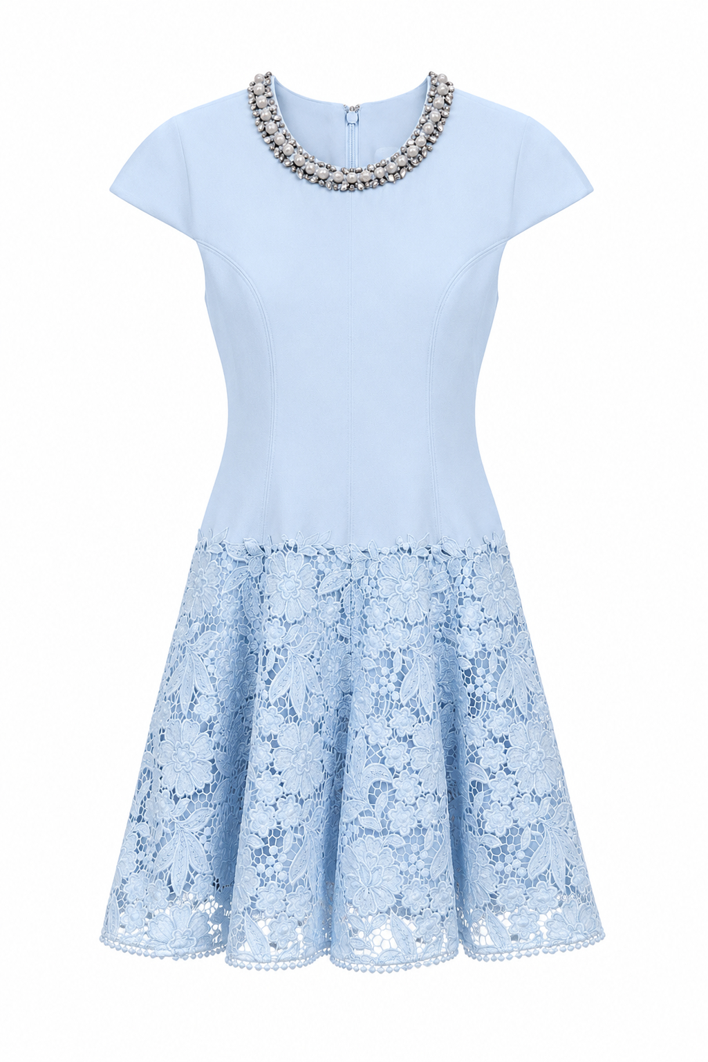Sera Blue Lace Panel Handmade Embroidery Slim Fit Cinched Waist Mini Dress