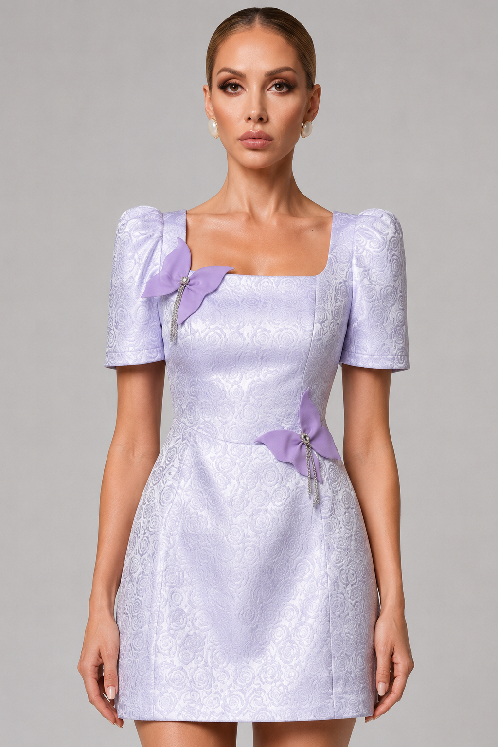 Jane Purple Square Neck Bow Detail Cinched Waist Short Sleeve Dress