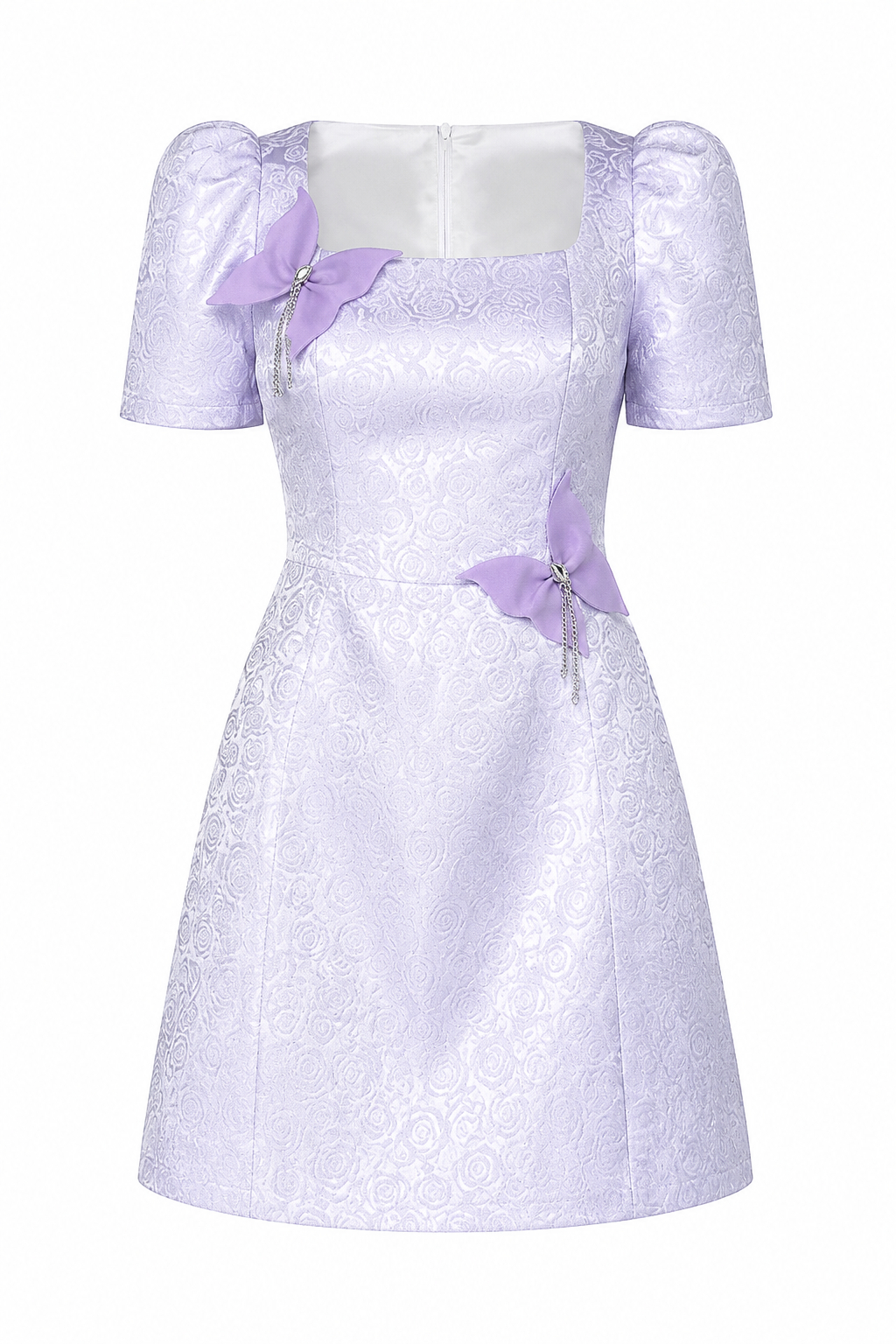 Jane Purple Square Neck Bow Detail Cinched Waist Short Sleeve Dress