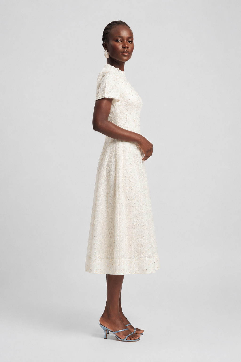 Kara Crew Neck Lace Cinched Waist Full Skirt Dress