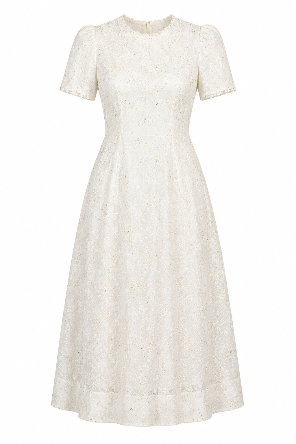Kara Crew Neck Lace Cinched Waist Full Skirt Dress