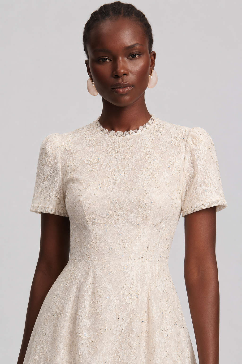 Kara Crew Neck Lace Cinched Waist Full Skirt Dress