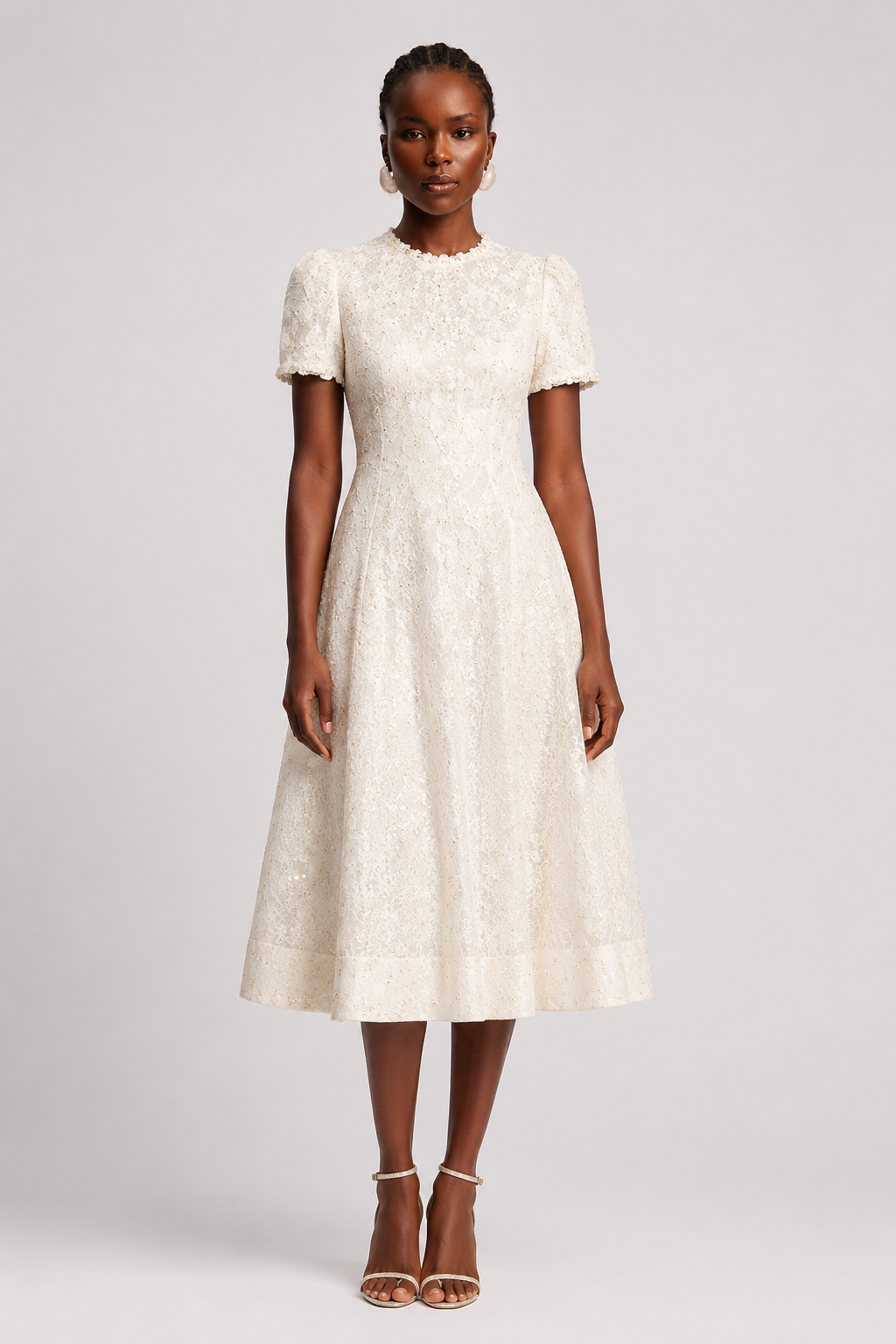 Kara Crew Neck Lace Cinched Waist Full Skirt Dress