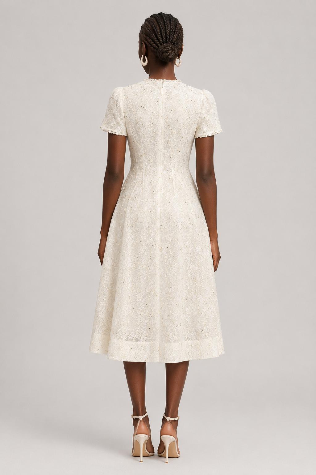 Kara Crew Neck Lace Cinched Waist Full Skirt Dress
