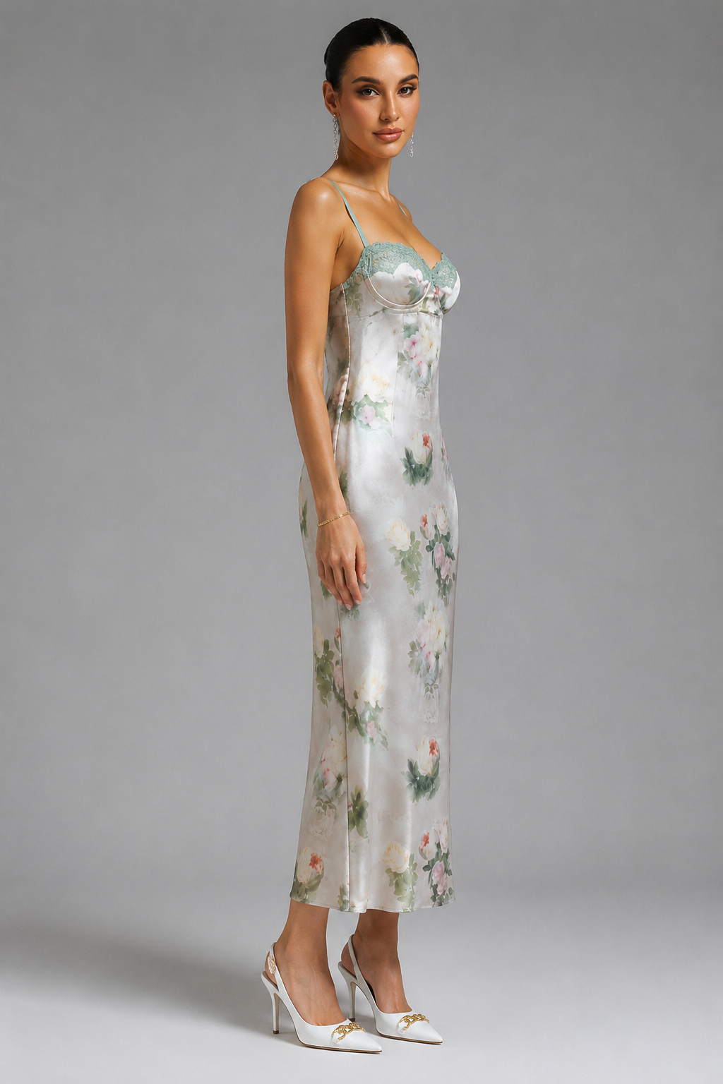 Michelle Retro Lace Print Slit Dress Delicate Sexy Defined Waist Fitted Spaghetti Strap Vintage Dress