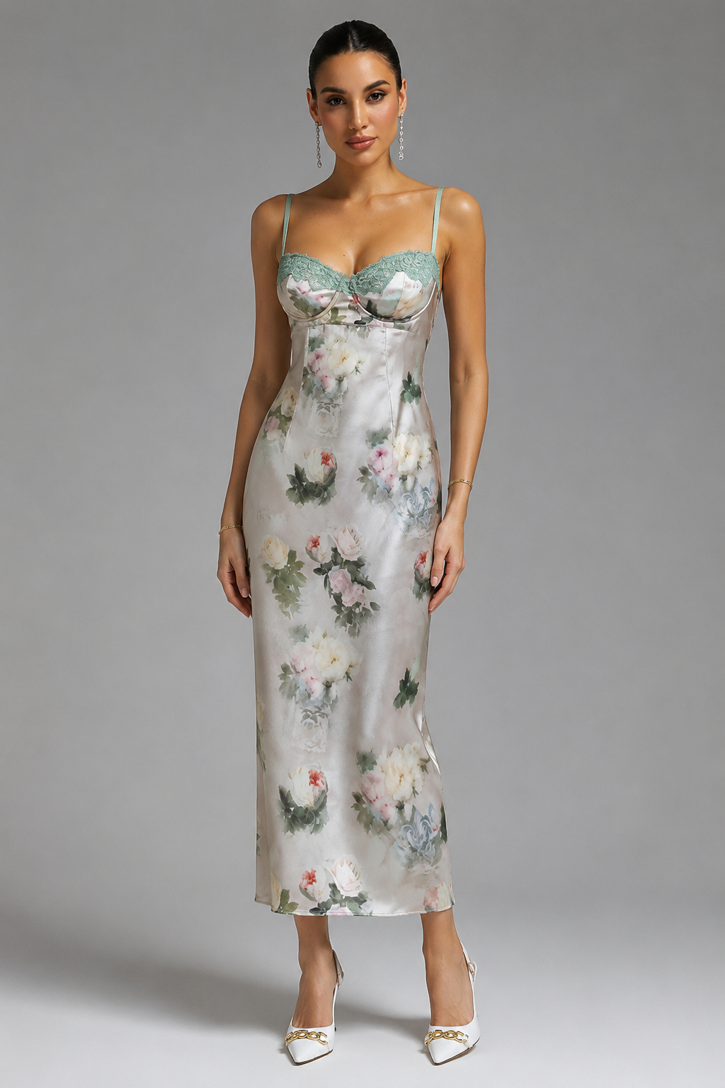 Michelle Retro Lace Print Slit Dress Delicate Sexy Defined Waist Fitted Spaghetti Strap Vintage Dress