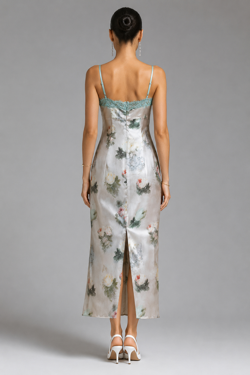 Michelle Retro Lace Print Slit Dress Delicate Sexy Defined Waist Fitted Spaghetti Strap Vintage Dress